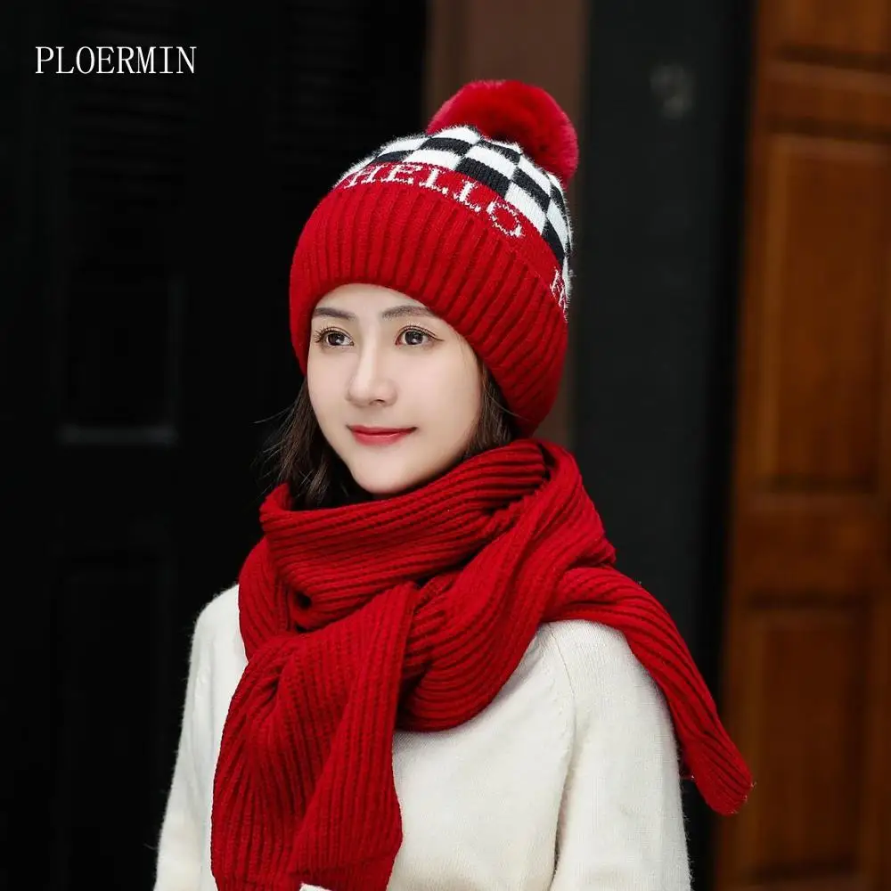 

Women Hats 2019 Winter Sweet Cute Fur Pom Pom Hat Scarf Knitting 2 Piece Women Gorros Casual Cap Scarf Chapeu Feminino Bone