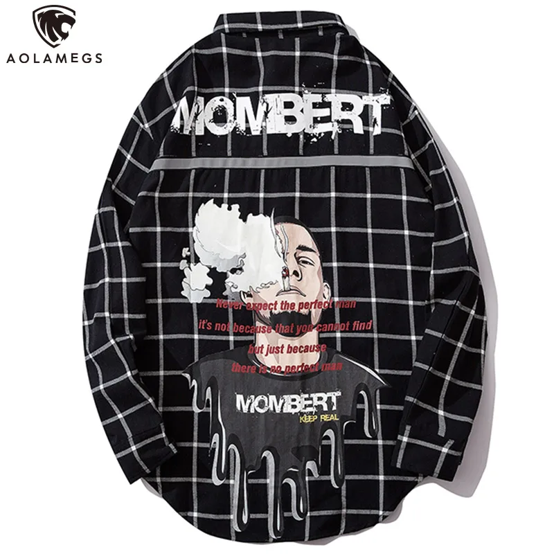 

Aolamegs Shirts Men Hip Hop Letter Printed Vintage Shirts Full Sleeve Harajuku Plaid Casual Fashion Couple Streetwear Autumn