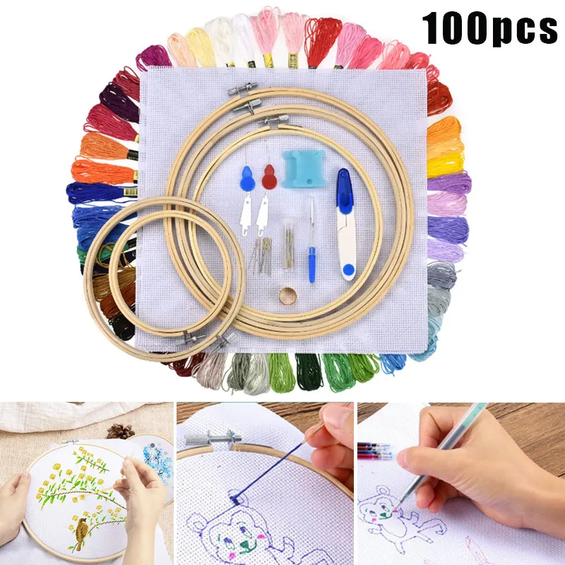 100 Skeins Threads Embroidery Beginners Kit for Cross Stich DIY Pattern Bamboo Embroidery Hoops MU8669