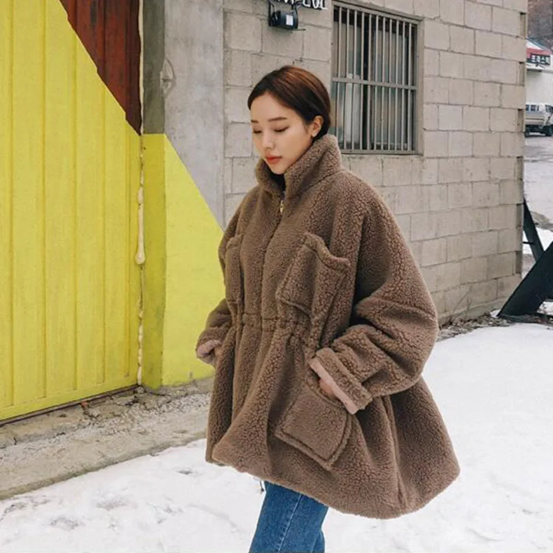 

Johnature 2019 Winter New Cotton Thicken Warm Lamb Wool Loose Coats For Women Zippers Batwing Long Solid Color Jackets