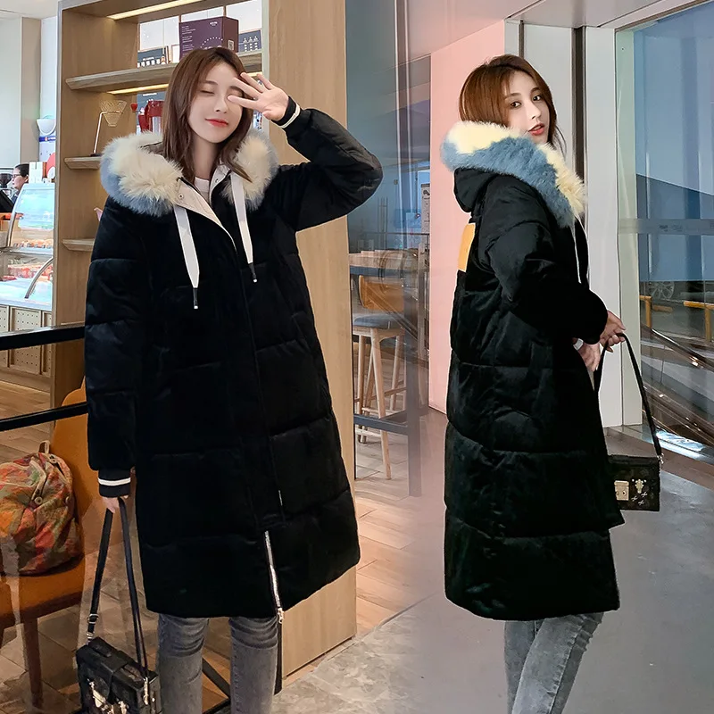 

2019 New Style Winter down Jacket Cotton-padded Clothes Women's Mid-length Hooded Color Fur Collar Gold Velvet Thick Coat Cotton
