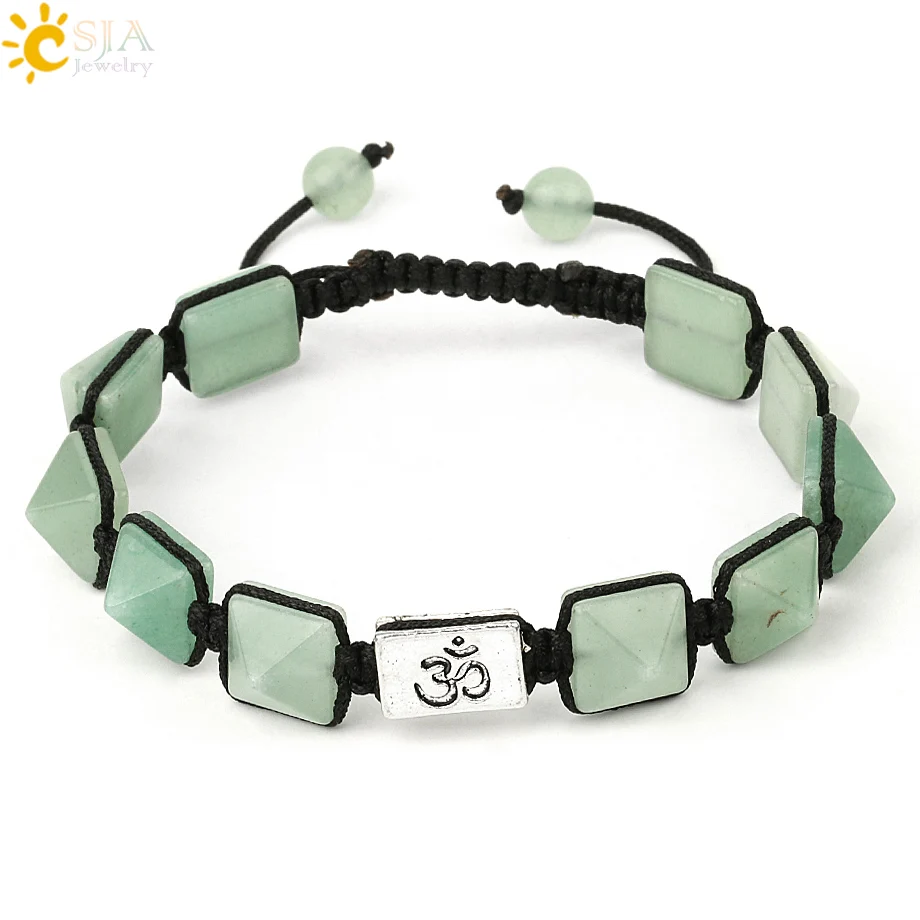 Green Aventurine Csja Пирамида натуральный камень плетеный браслет кристалл Йога 3D AUM символ Регулируемый ручной работы Плетение веревки браслеты для женщин мужчин G223 - Окраска металла: Green Aventurine