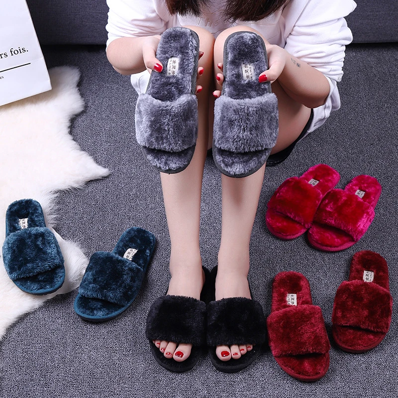

Jrnnorv 2019 Casual Winter Women House Slipper Plush Slippers Fur Slides Fluffy Faux Not-slip Flat Sandals Female Shoes JA0186