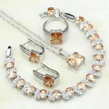 

925 Sterling Silver Jewelry Sets Champagne Cubic Zirconia White CZ For Women Wedding Earring/Pendant/Necklace/Bracelet/Ring