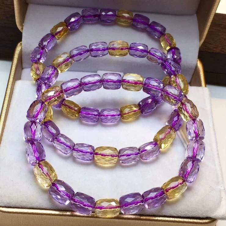 

Genuine Natural Ametrine Purple Yellow Clear Barrel Faceted Beads Bracelet 6.3/7.5mm Women Men Charms Crystal Jewelry AAAAA