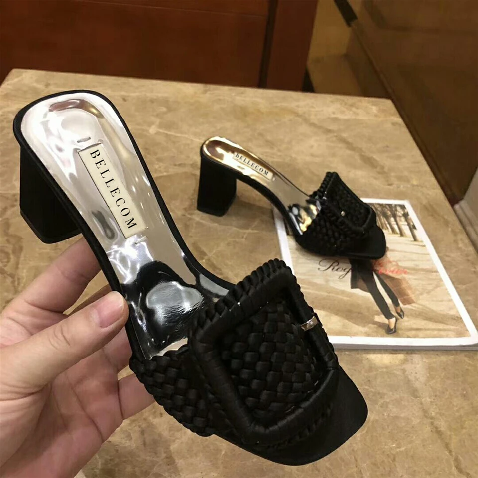 

BELLECOM Moccasin sandals with square leather buckle outside women's slipper in one-line braided middle heel