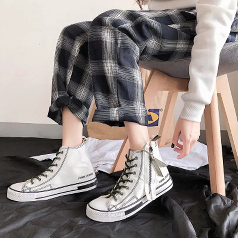 

Women's shoes women's high-top flats laces comfortable zipper cross straps round head casual shoes flat shoes women Mjuer a140