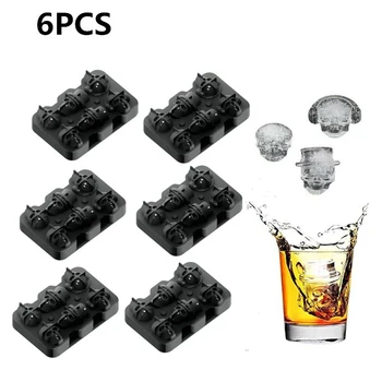 

3D Skeleton 6-Hole Skull Ice Molds Silicone Cube Trays With Lid Halloween Party Home Candy Whiskey Cocktails Drinks Vodka Mold