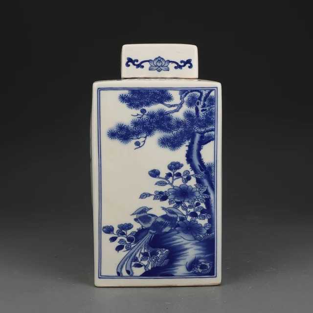 Kangxi Blue And White Flowers And Birds Square Jar Antique Ceramic Collection Ornaments 4