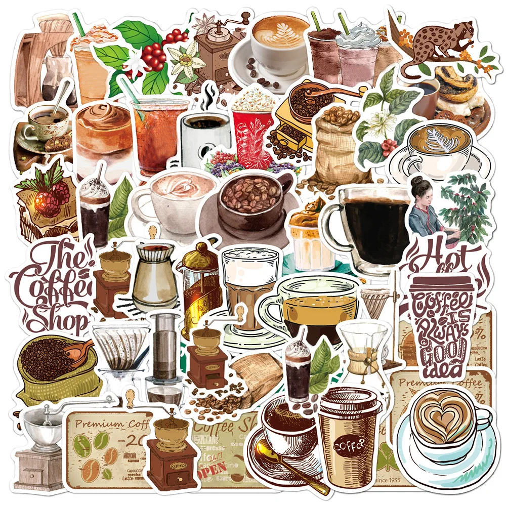 10/30/50pcs Vintage Coffee Shop Graffiti Stickers Aesthetic Decals Kids Toy Scrapbook Diary Phone Laptop Cute Waterproof Sticker nikier 125pcs vintage handwritten english letter coffee material paper retro memo pads notes for scrapbooking diary journals diy