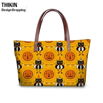 

THIKIN Funny Halloween Cats Printing Ladies Fashion PU Handbags Girls Coin Purse Phone Bag Women Large Travel Top-Handle Bags