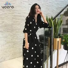 VOZRO язык зерна дождь шифоновая волнистая в горошек сексуальное платье Женщины Талия, чтобы показать тонкий Темперамент V Lead Longuette Vestido