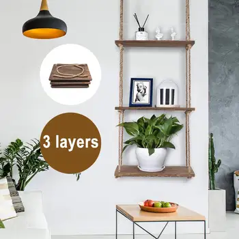 

3-layer Spot Wall Swing Storage Shelves Wood Hanging Shelf Jute Rope Organizer Rack Home DIY Decoration with 2 Hooks