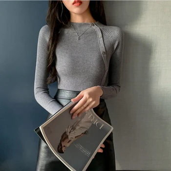 

2020 Knitted Women turtleneck Sweater Pullovers Button Autumn Winter Basic Women highneck Pullover Slim female cheap top
