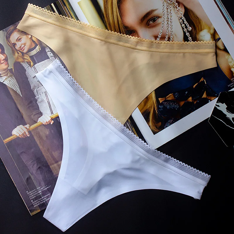 

3piece/lot Sexy Stain Tangas Ice Silk Seamless G-string Thongs with Lace Waist Cotton Crotch Panties for Women Pants Underwear
