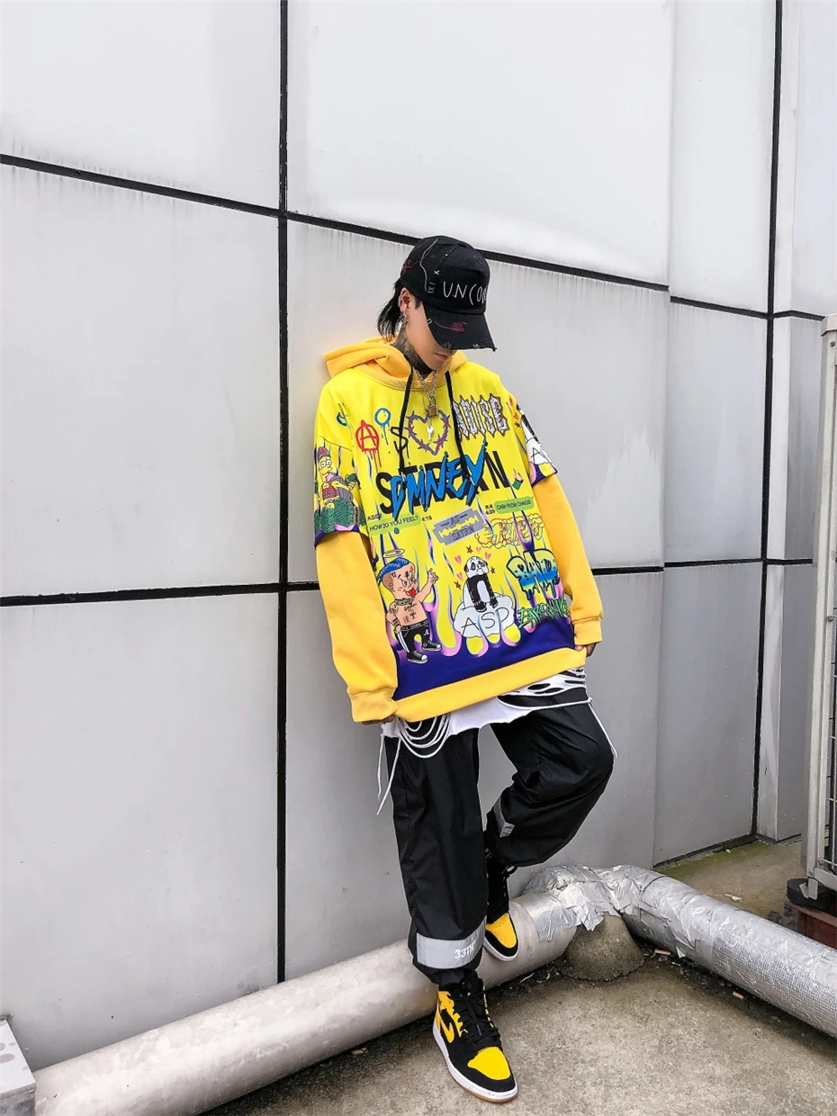 Хип-хоп худи граффити Мужской пуловер с капюшоном Harajuku осень зима модная повседневная Уличная желтая толстовка мужская WO031