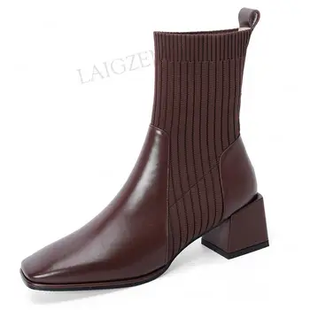 

LAIGZEM Women Ankle Boots Mid Block Heeled Boots Genuine Leather Stivali Donna Slip On Ladies Shoes Woman Big Size 38 40 41 42
