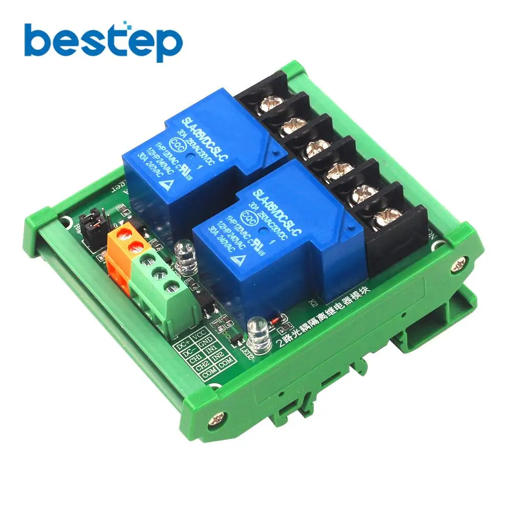 

TWO 2 channel relay module 30A with optocoupler isolation 5V 12V 24V supports high and low level trigger with Guide Rail
