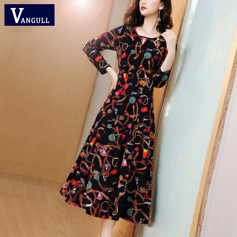 

Vangull Women Dress Fashion 2019 new Summer Autumn High Waisted Pockets Long Vintage Chic Slim Female Print Female Clothing