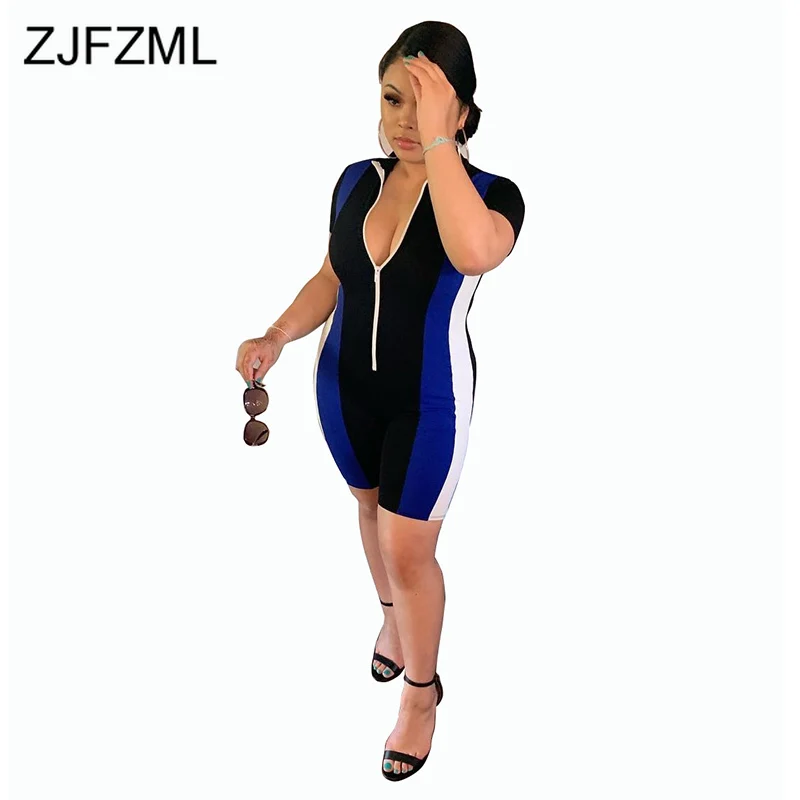 

Contrast Color Sexy Bandage Playsuit Women Stand Collar Zippers Bodycon Short Jumpsuits Causal Short Sleeve One Piece Bodysuit