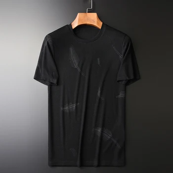 

New Feather Jacquard Mens T-shirts High Quality Short Sleeve Round Collar Simple Male T-shirts Plus Size 4xl Slim Fit Man Tee