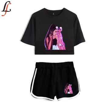 

New Harajuku Modis Women Ariana Grande Sexy Two Piece Set short Sleeve short Top And middle Waist Shorts Suits Fitness