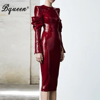 

Bqueen 2019 New Fashion Sheath Red Dress Vestidos Women Vintage O Neck Long Sleeves Sequined Back Zip Midi Dress