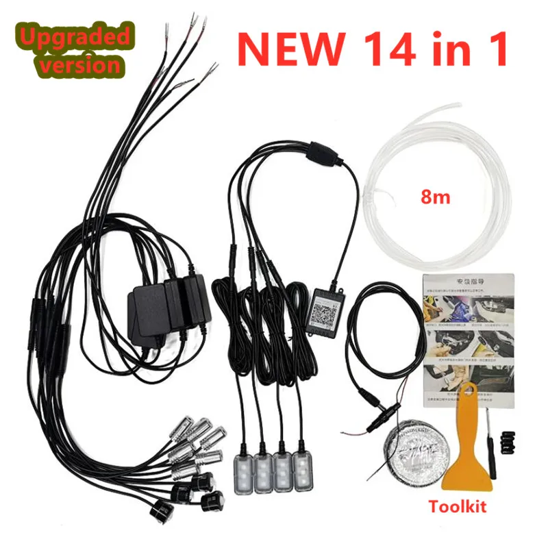 

Автомобильный рассеивающий свет 14 в 1, RGB волоконно-оптисветильник, s цвета, декоративные лампы для салона автомобиля, управление через приложение