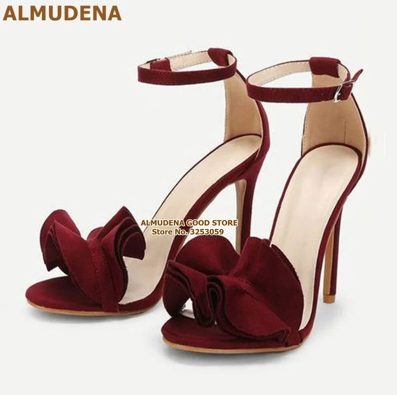 ALMUDENA/бордовые атласные сандалии с рюшами; туфли на шпильке; винно-красный шелк; свадебные туфли-лодочки с воланами; обувь для вечеринок с пряжкой и цветочным узором - Цвет: as picture