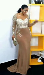 2022 African Plus Size Mermaid Mother Of The Bride Dress Long Sleeves Beaded Champagne  Party  Formal Wear
