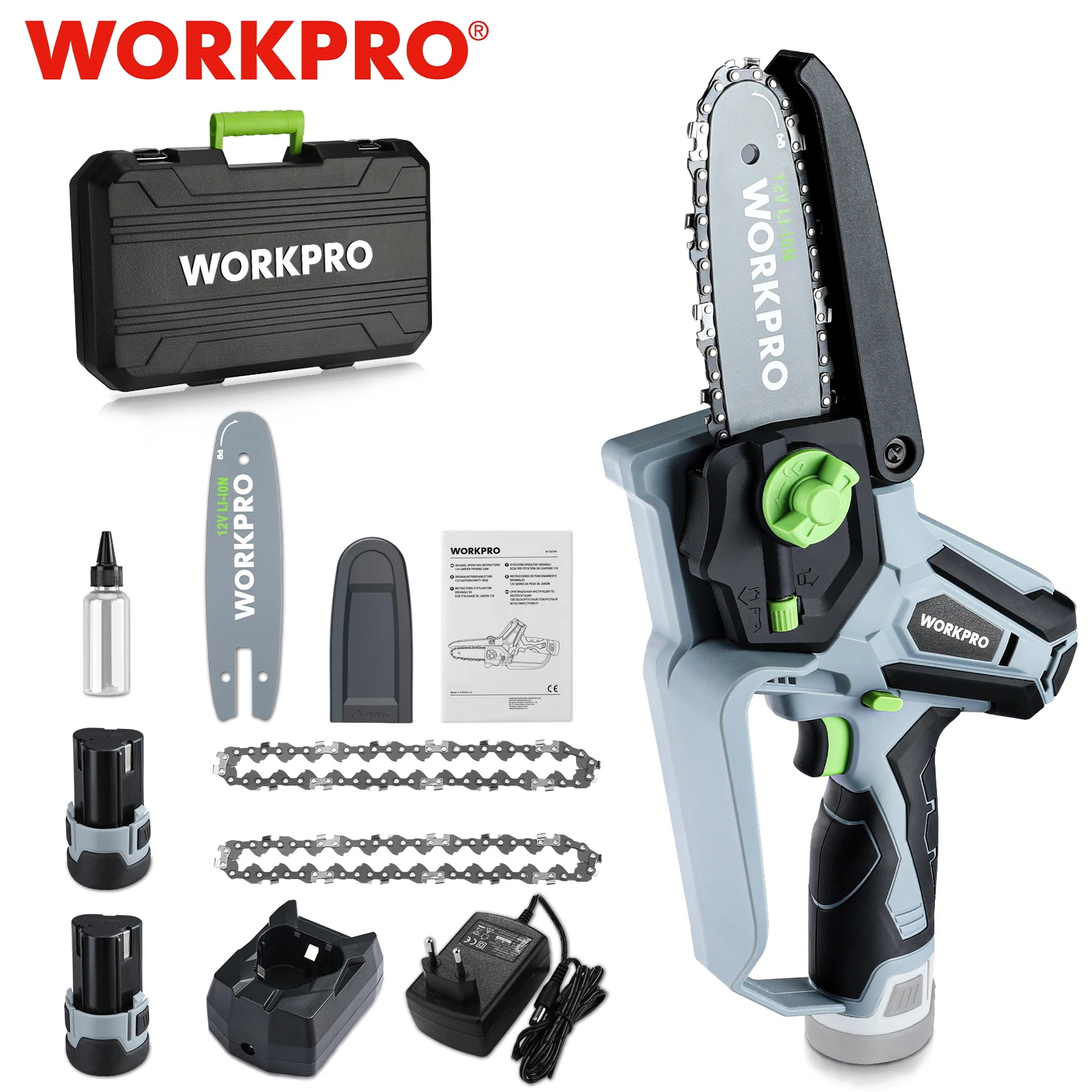Аккумуляторная фотоэлектрическая бензопила WORKPRO 12 В для обрезки ветвей дерева |