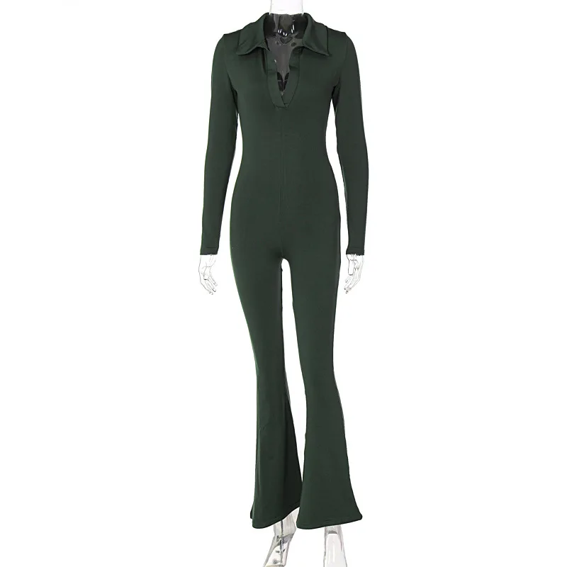 BKLD Clubwear Sexy 2024 New Winter Fashion Turn-Down Collar V-Neck Long Sleeve Slim Casual Wide Leg Pants One Piece Jumpsuits