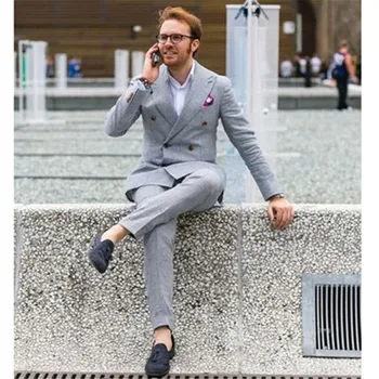 

New Men’s Suit Smolking Noivo Terno Slim Fit Easculino Evening Suits For Men jacket+pants Light Grey Double Breasted Suit