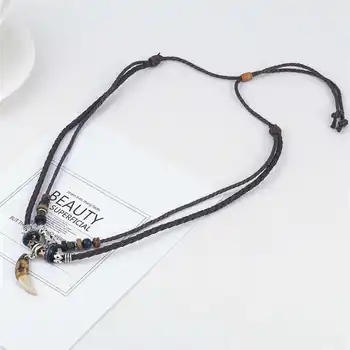 

Men's Vintage Wolf Tooth Pendant Beaded Multilayer Leather Rope Necklace Jewelry