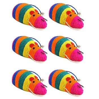 

6 Cats Catch Mouse Toy Color Cartoon Striped Sisal Mouse Shape Kitten Toy Sisal Toy