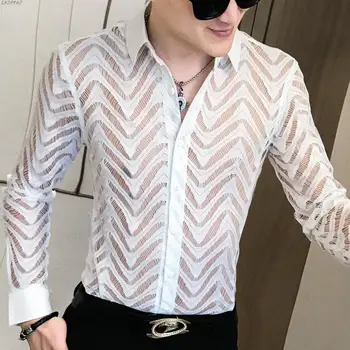 

Stitching Stripe Shirt See Through Shirt Men Transparent Shirt Summer Short Sleeve Shirt