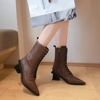 

Knight boots black brown women boots Cross-tied zipper martin boots wedges pointed toe high heel shoes mid-calf women boots