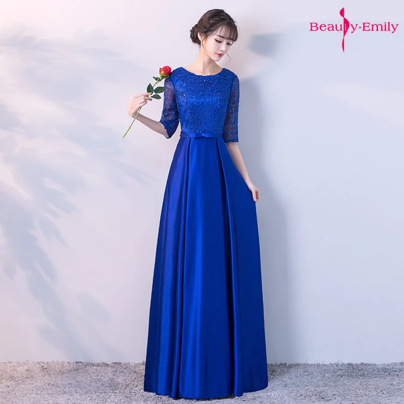 Beauty-Emily, кружевные вечерние платья с круглым вырезом, с рукавом до локтя, с бантом, длинное атласное торжественное платье, открытые вечерние платья на молнии сзади, robe de soiree