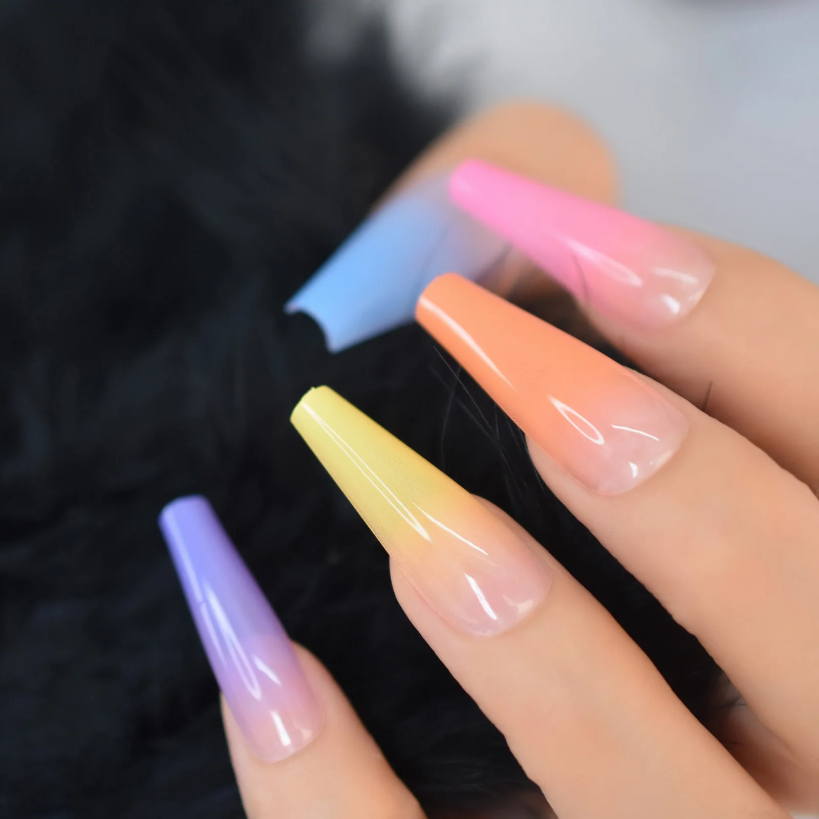 Glossy Ombre Rainbow French Coffin False Nails Summer Colorful Super Long Fake Ballet Nail Yellow Pink Purple Nude Reusable Wear False Nails Aliexpress