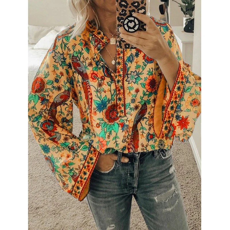 CINESSD 2020 Women Print Blouses Casual Loose Tops Stand V Neck Long Sleeves Button Plus Size Pullover Female Tee Shirts Blouse