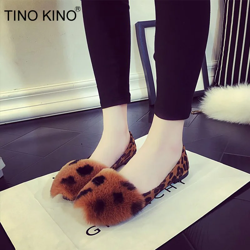 

TINO KINO Women Leopard Fur Slip On Autumn Loafers Ladies Flat Comfort Casual Shoes Female Fashion Moccasins Footwear Plus Size