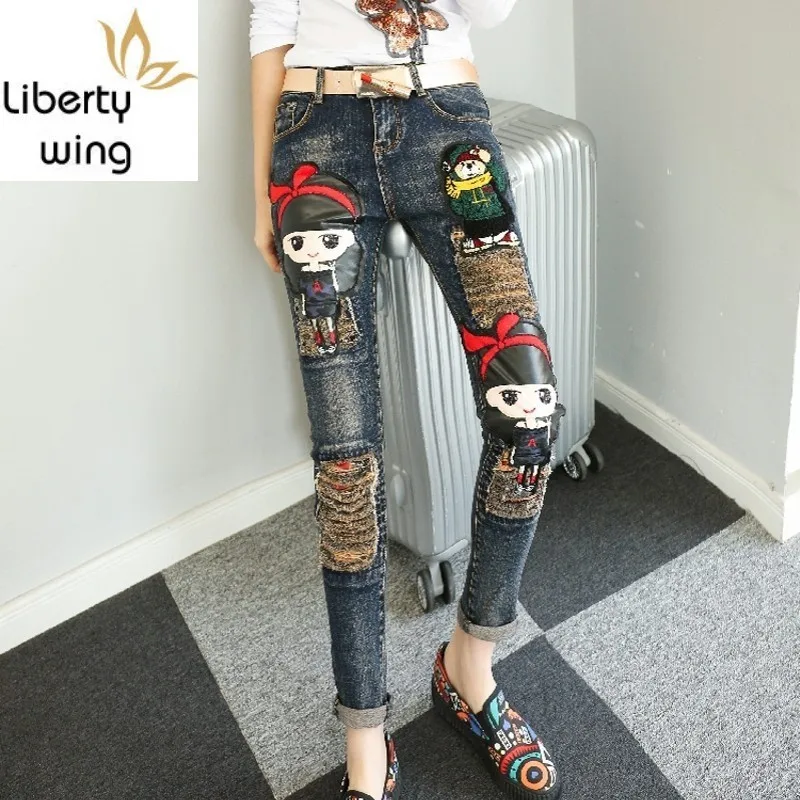 Милые девушки Harajuku мода мультфильм аппликации отказов джинсы карандаш рваные