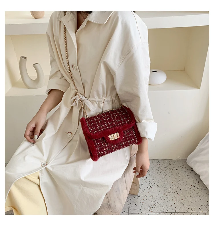 Модные роскошные женские сумки с цепочками, плюшевые шерстяные сумки, небольшие квадратные сумочки на одно плечо
