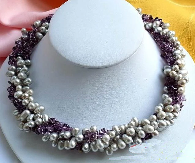 

Unique Pearls jewellery Store 4row 17'' Rice Gray Freshwater Pearl Amethyst Necklace Charming Women Gift