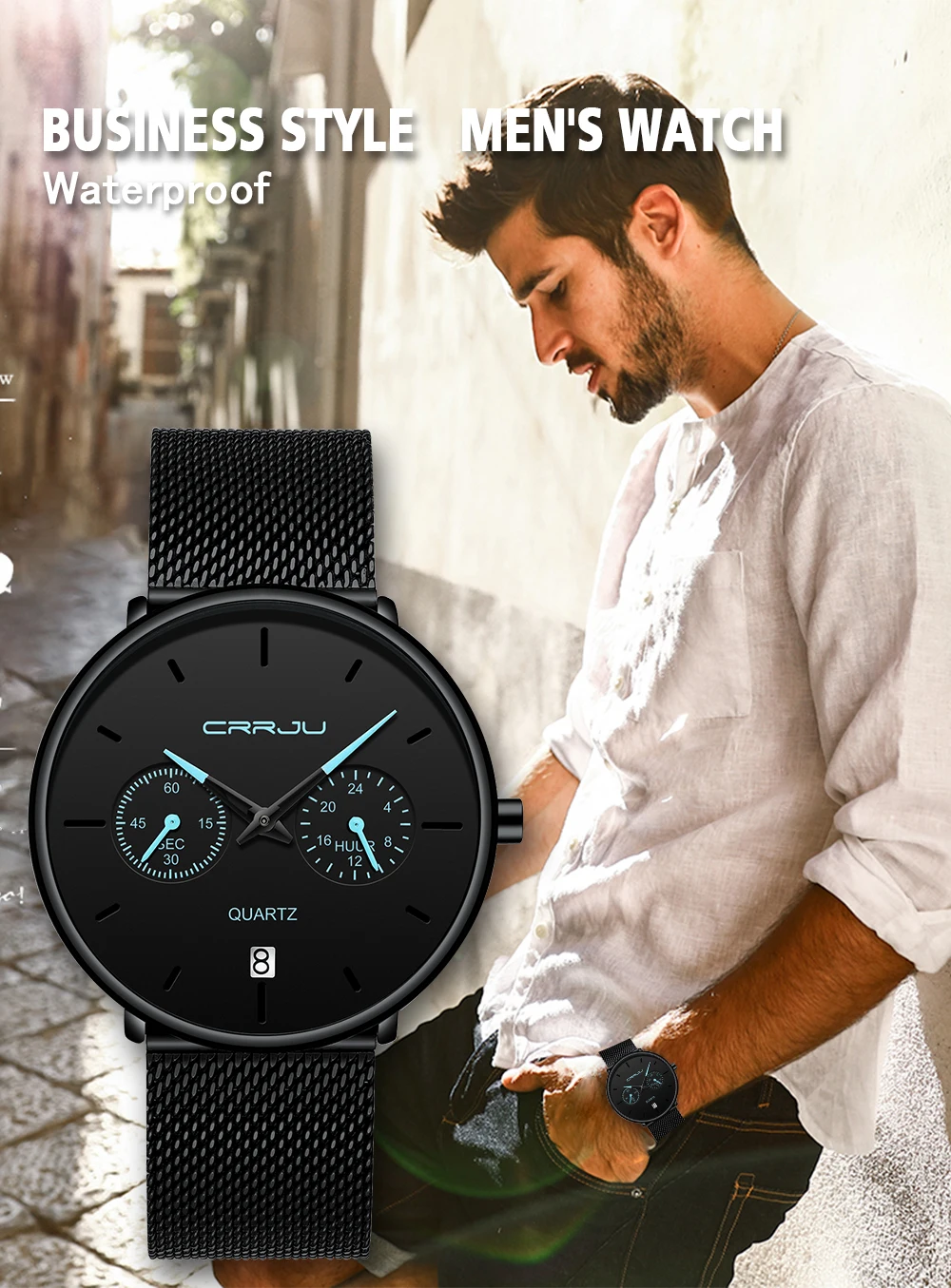 Новые синие кварцевые часы CRRJU для мужчин s часы Лидирующий бренд Роскошные часы для мужчин ультра-тонкие водонепроницаемые наручные часы Relogio Masculino