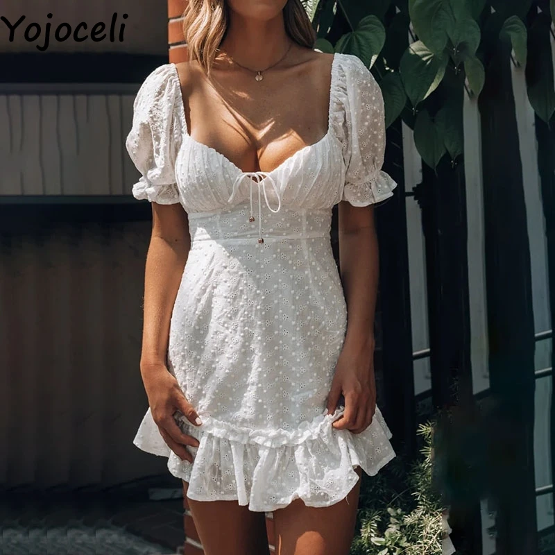 

Летнее белое платье Yojoceli с оборками и вышивкой, модное винтажное короткое милое платье, повседневное пляжное сексуальное платье, женские платья