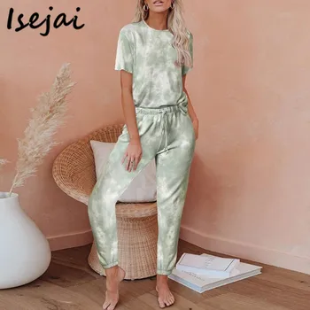 

Print Pijamas Women Sets Short Sleeve Tshirts and Pants Two Pieces Sets 2020 Spring Summer Home Sleepwear Pocket Lounge Wear