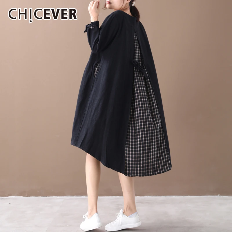 

CHICEVER Patchwork Plaid Female Dresses O Neck Long Sleeve Oversize Loose Casual Midi Dress For Women 2019 Autumn Fashion New