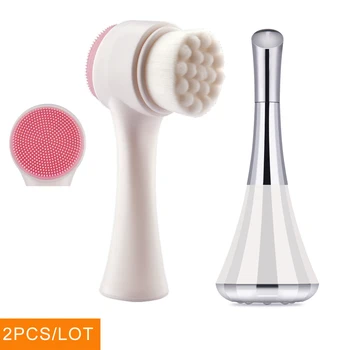

2pcs Double Sided Face Brush Clean Electric Silicone Exfoliating Blackhead Removal + Microcurrents Importer Beauty Tool for Face