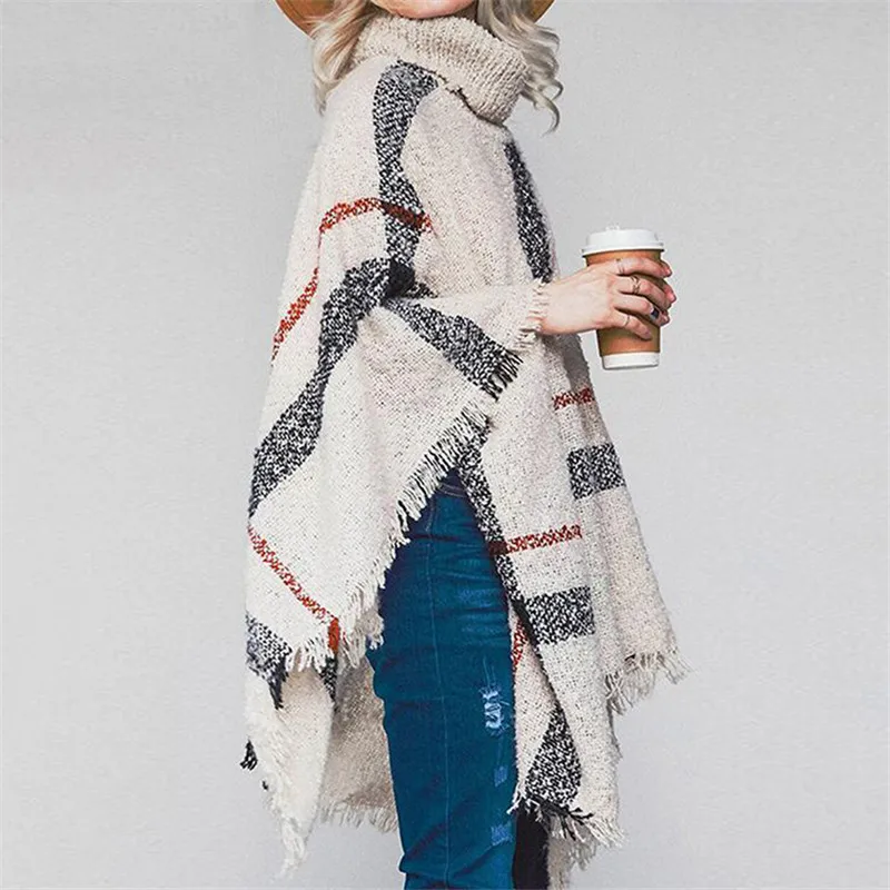 

Sweaters Cloaks Women Turtleneck Pullovers Knitted Shawl Outwears Elegant Plaid CloaksTassel Wraps Autumn Winter KALENMOS